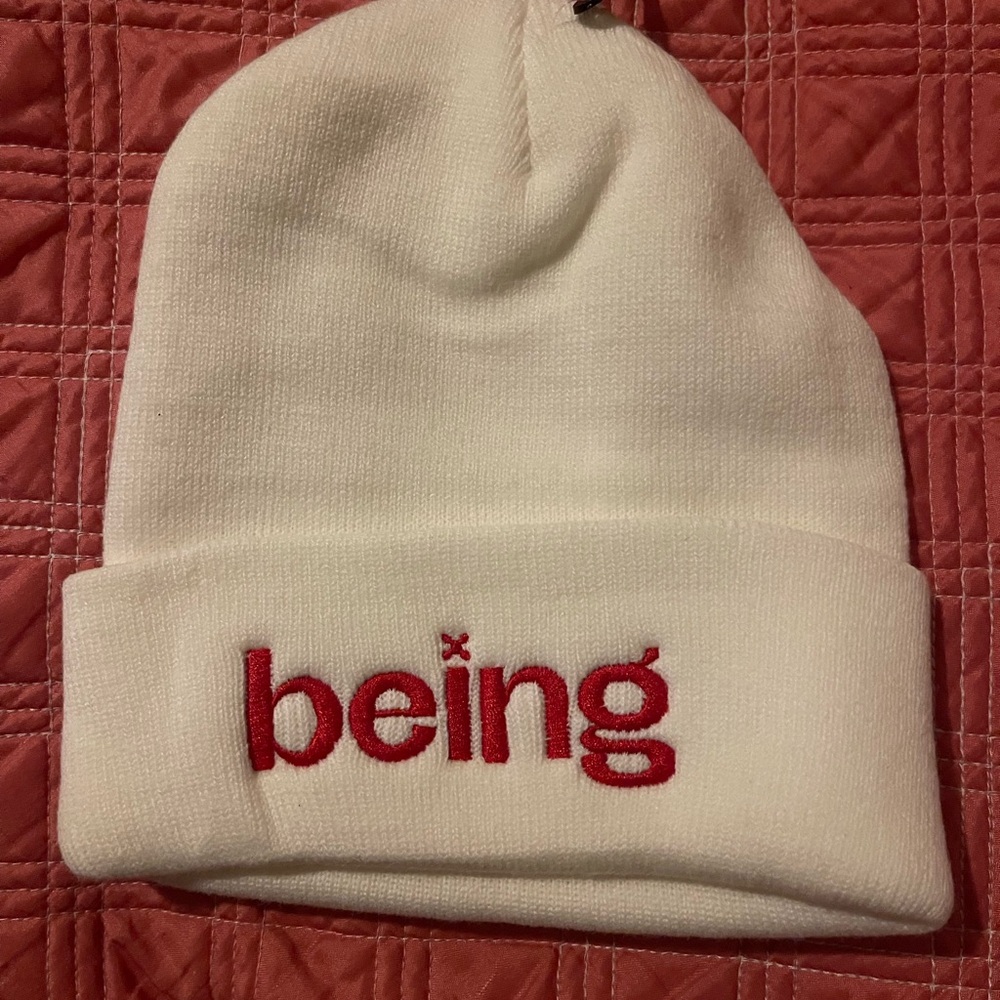 White Beanie Hat with Red "being" Embroidery